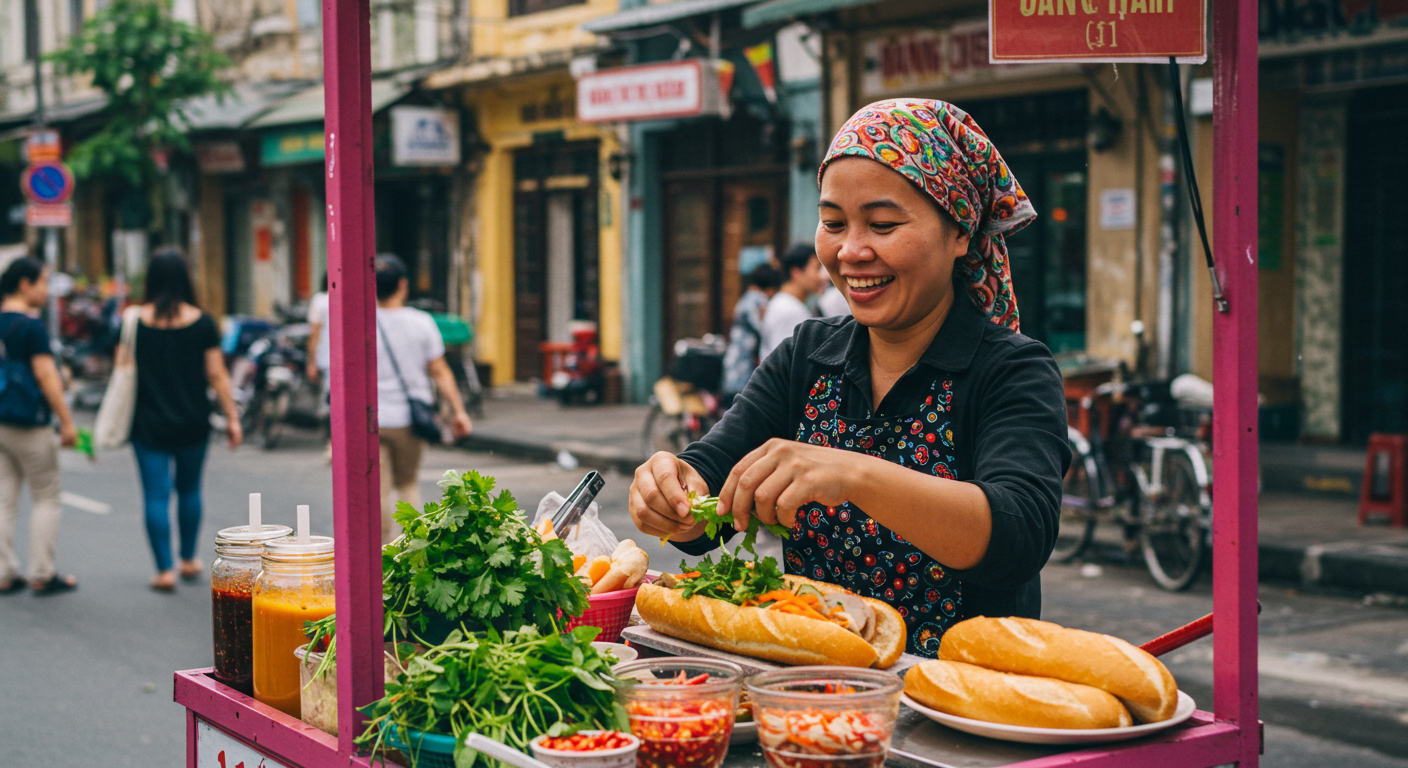 Vietnamese vendor preparing bánh mì